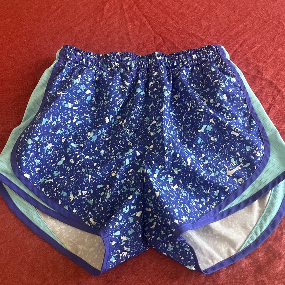 Nike Blue and White Athletic Shorts with Curved Hem